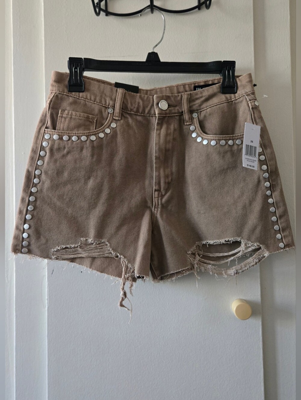 Blank NYC 'The Reeve' Tan Brown High-Rise Ribcage Studded Shorts